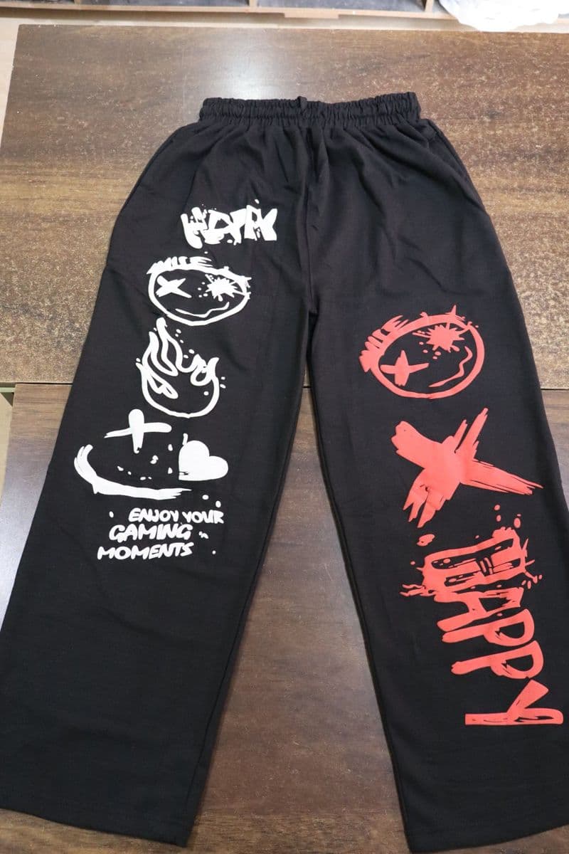 Men's Graffiti Print Baggy Track Pants in Black - Happy Print at Trendz Fit Fashion